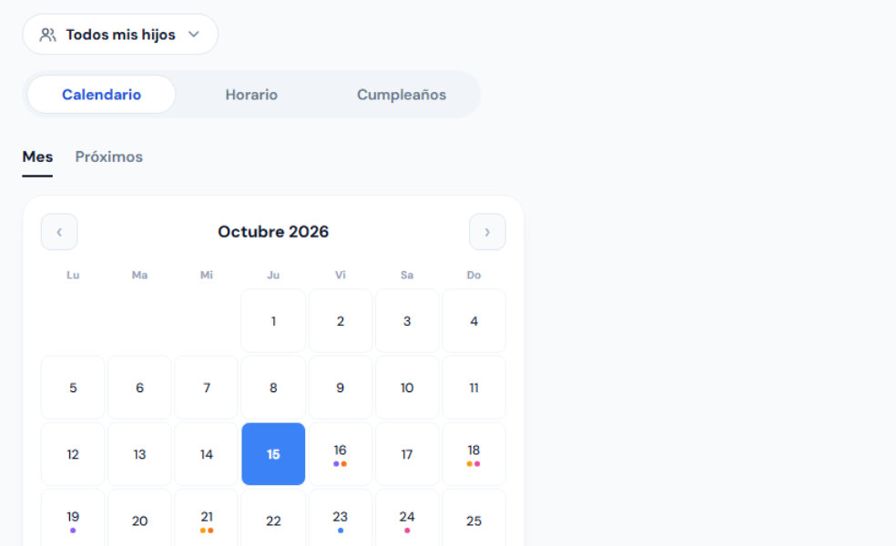 Agenda de tribbu: calendario del mes con los eventos de cada hijo